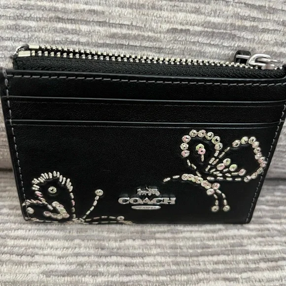 Coach Black Leather Card Case Keyring with Sequin Butterfly Accent - Picture 2 of 8